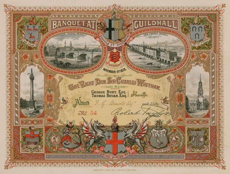 Invitasjon til en bankett i Guildhall, London, 9. november 1878 av English School