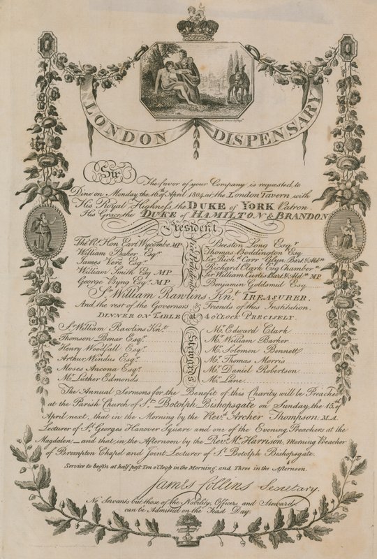 Invitasjon til en middag holdt av London Dispensary på London Tavern, 16. april 1804 av English School