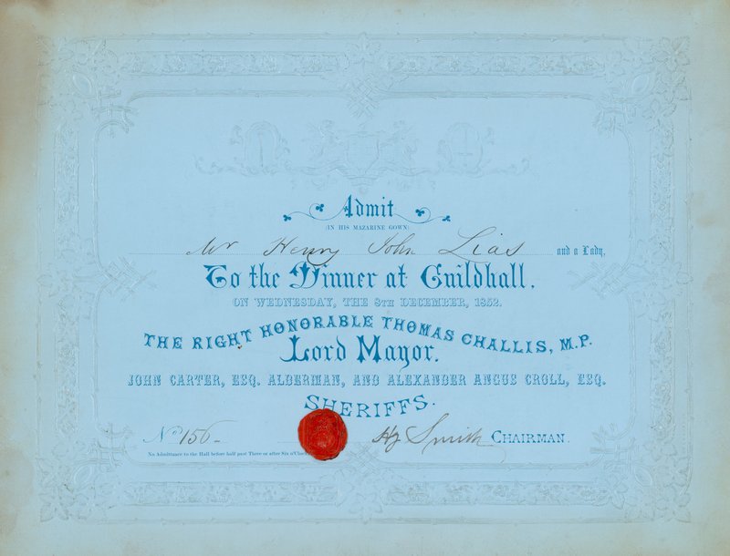 Invitasjon til middag i Guildhall, London, 8. desember 1852 av English School