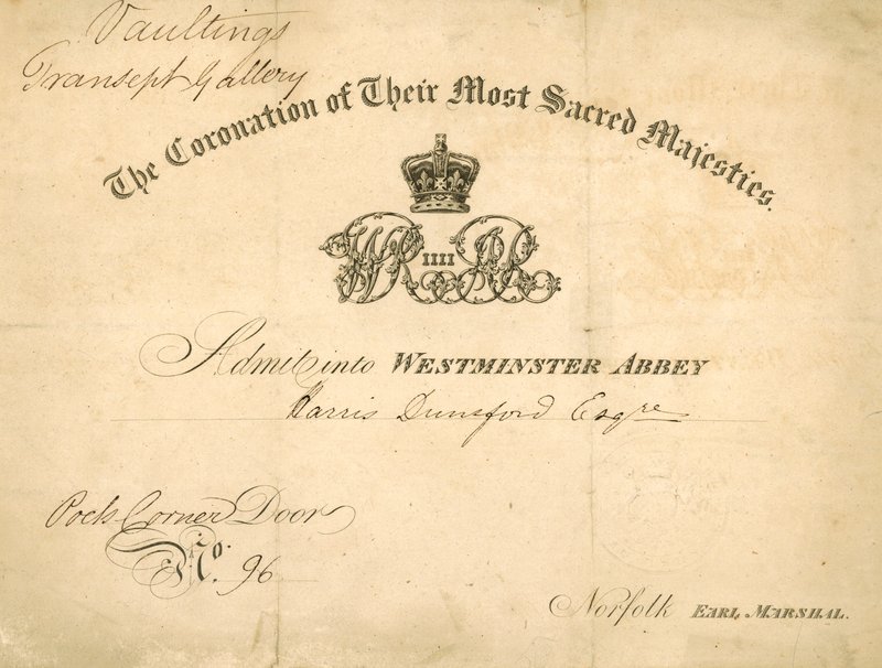 Invitasjon til kroningen av kong William IV og dronning Adelaide av English School