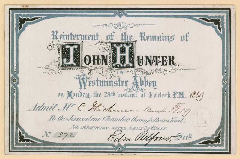 Invitasjon til gjenintermentering av John Hunters forblir i Westminster Abbey, London, 28. mars 1859 av English School