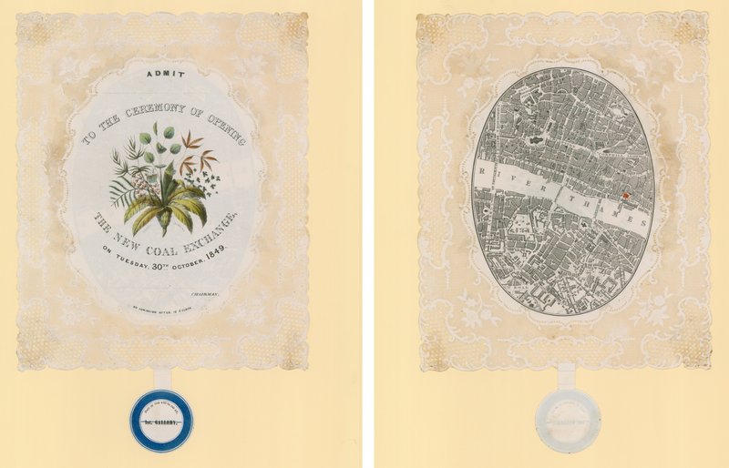Invitasjon til seremonien for åpning av New Coal Exchange, 30. oktober 1849, foran og bak av English School