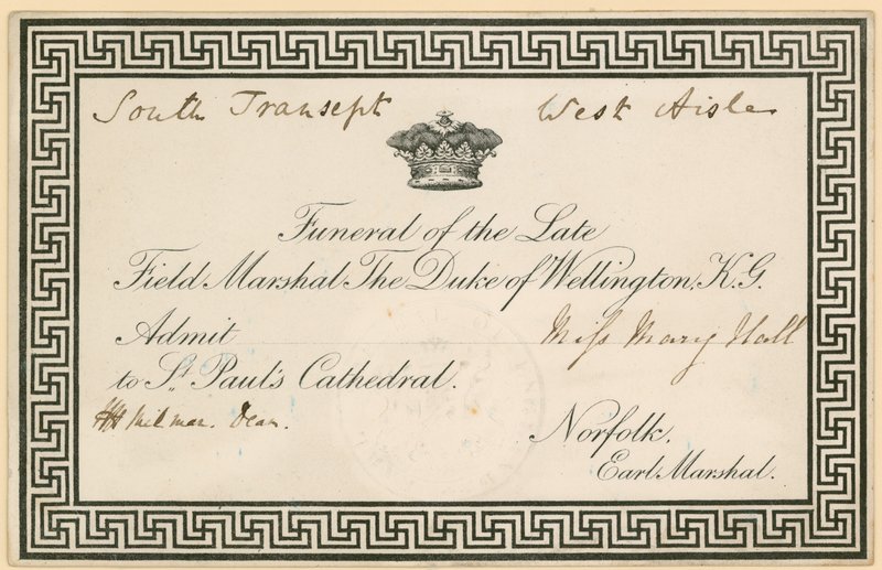 Invitasjon til begravelsen til Arthur Wellesley, hertugen av Wellington, ved St Pauls Cathedral av English School