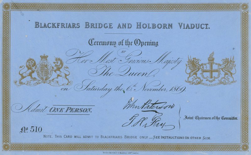Invitasjon til åpningen av Blackfriars Bridge og Holborn Viaduct av English School