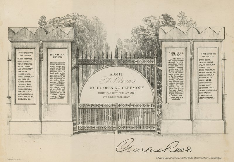 Invitasjon til åpningen av Bunhill Fields Cemetery av English School