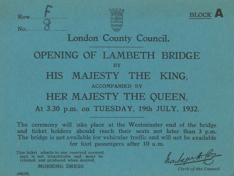 Invitasjon til åpningen av Lambeth Bridge av English School