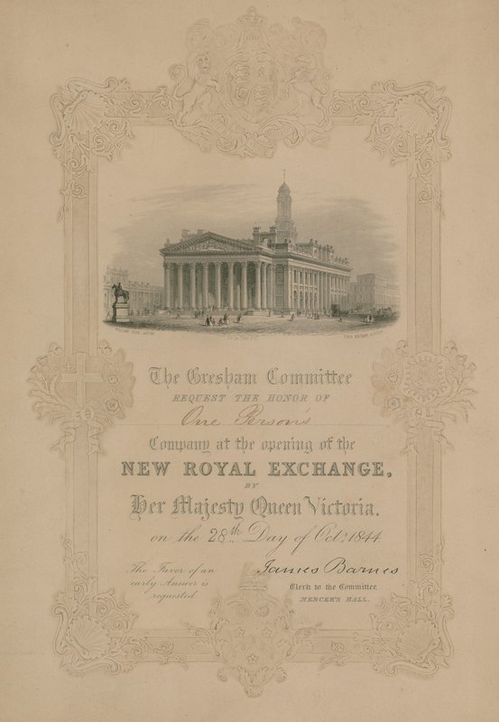 Invitasjon til åpningen av den nye Royal Exchange, London, av Hennes Majestet Dronning Victoria 28. oktober 1844 av English School