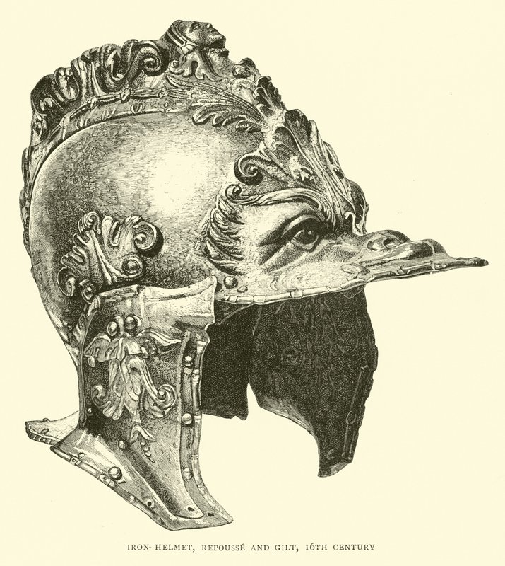 Jernhjelm, repouse og forgylt, 1500-tallet av English School