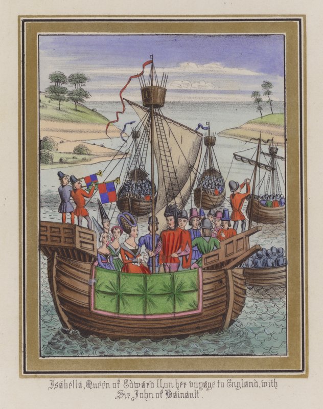 Isabella, Queen of Edward II, on her voyage to England, with Sir John De Hainault (coloured engraving) av English School
