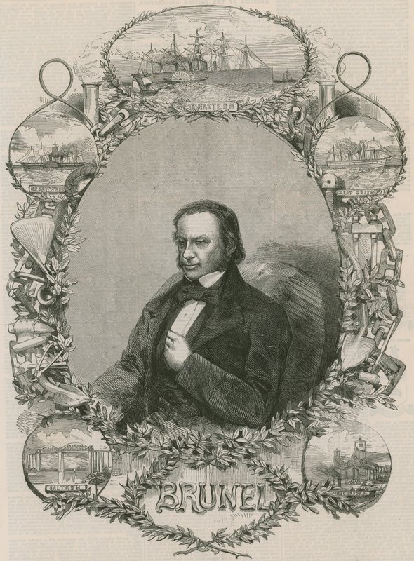Isambard Kingdom Brunel omgitt av noen av hans prestasjoner av English School