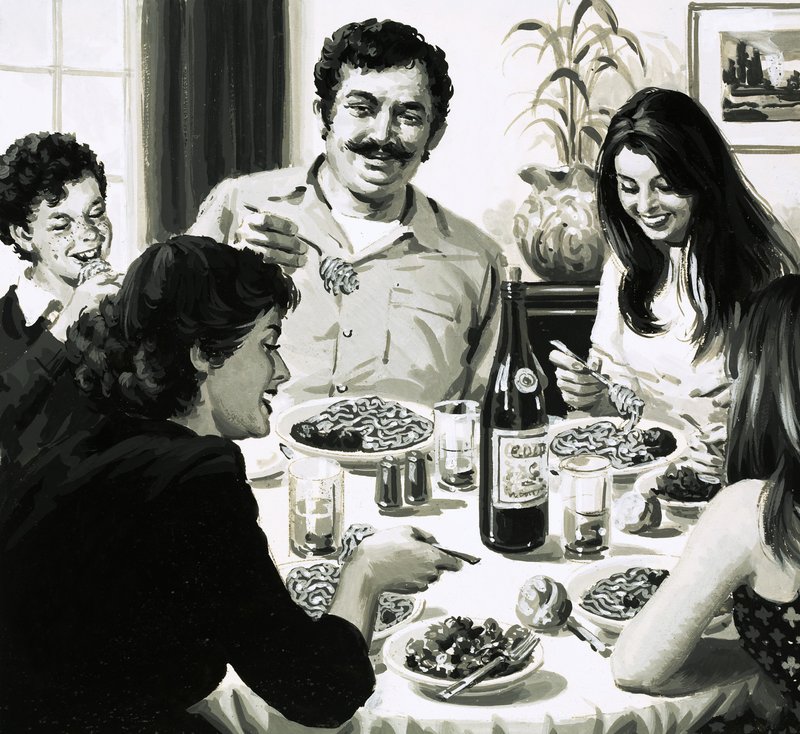 Italiensk familie spiser spaghetti til middag av English School