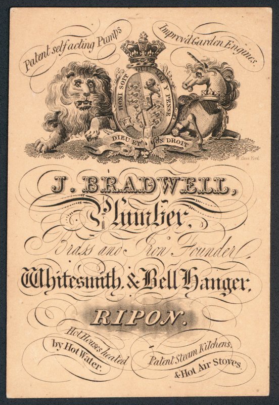 J Bradwell, rørlegger, messing- og jerngrunnlegger, smed og klokkehenger, fagkort av English School
