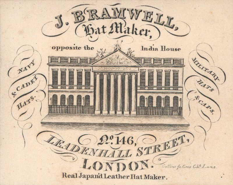 J Branwell, hattemaker, 146 Leadenhall Street, handelskort av English School