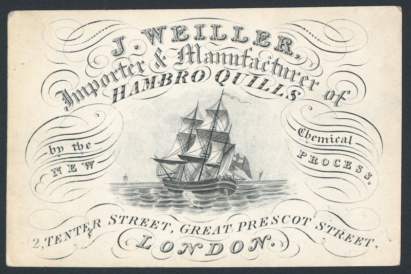 J Weiller, importør og produsent av Hambro Quills, 2 Tenter Street, handelskort av English School
