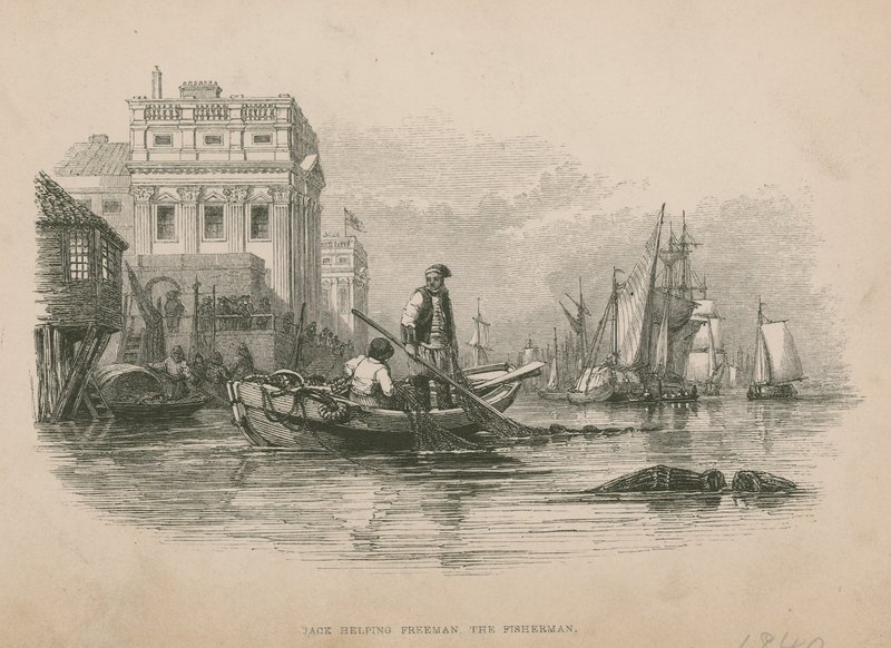 Jack hjelper Freeman the Fisherman; illustrasjon fra Poor Jack av Frederick Marryat av English School