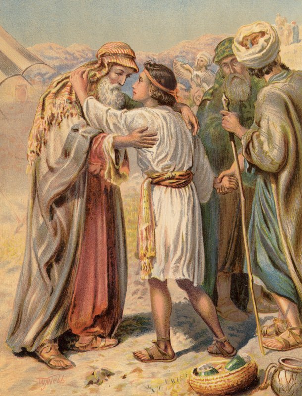 Jakob skiller seg fra Benjamin, Genesis, XLIII (farge litho) av English School