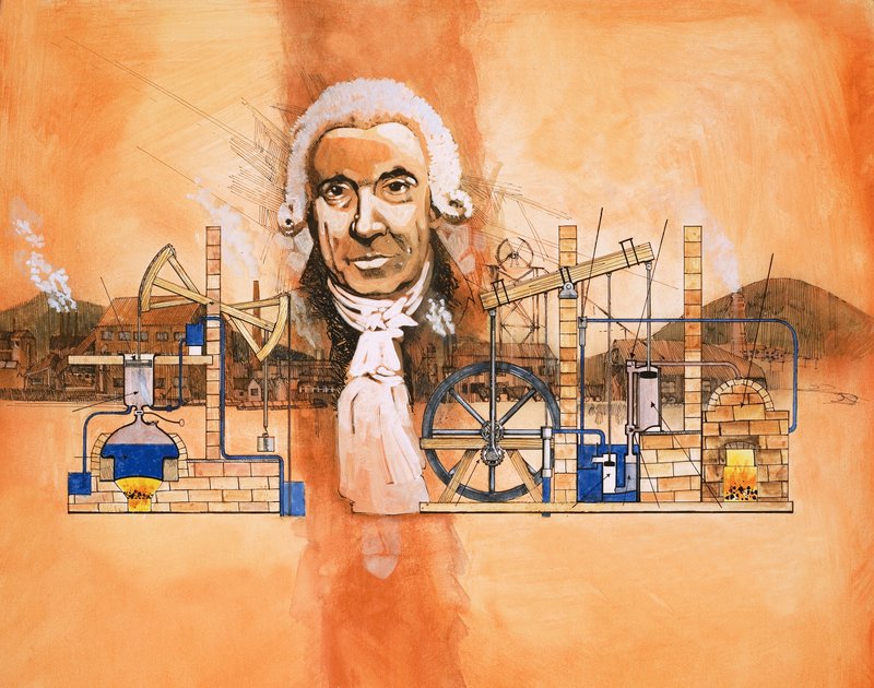 James Watt med ovner og mekaniske pumper i bakgrunnen av English School