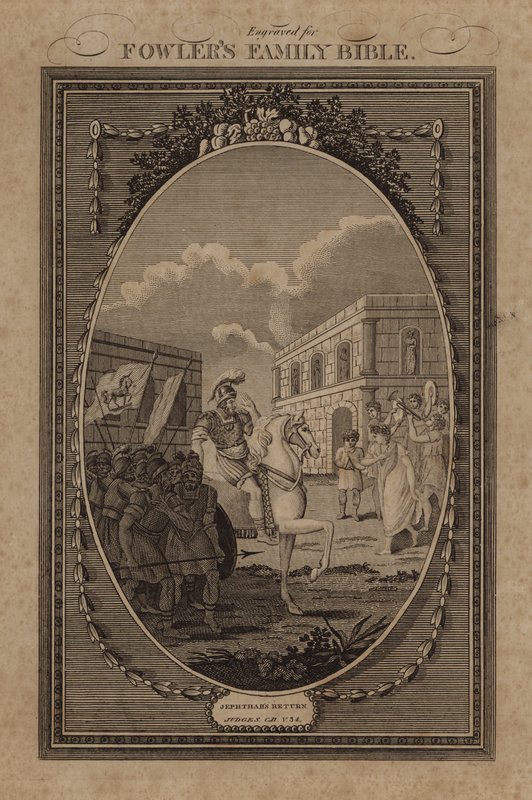 Jeftas gjenkomst, dommere, kapittel 11, vers 34 (gravering) av English School