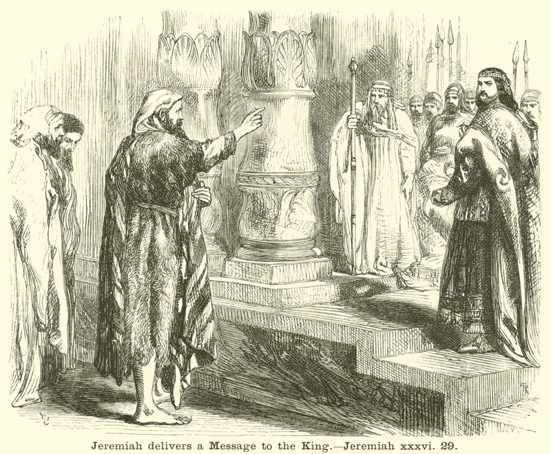 Jeremia leverer et budskap til kongen, Jeremia, xxxvi, 29 av English School