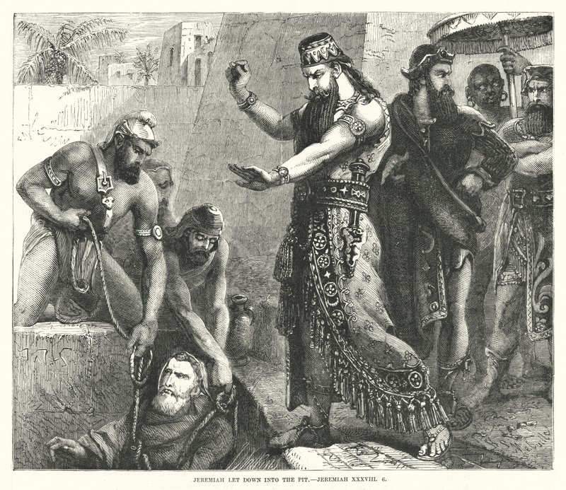 Jeremia slapp ned i gropen, Jeremiah XXXVIII, 6 (gravering) av English School