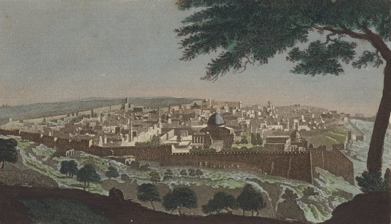 Jerusalem fra Josofats dal (farget gravering) av English School