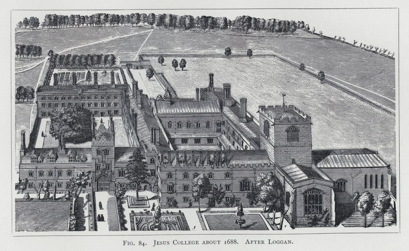 Jesus College ca 1688, etter Loggan (gravering) av English School