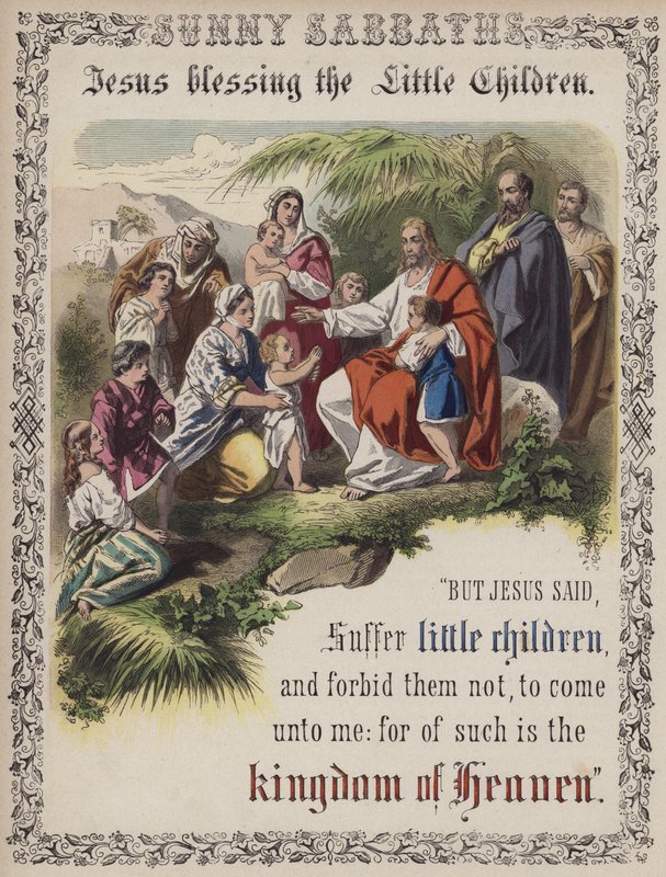 Jesus velsigner de små barna (farget gravering) av English School