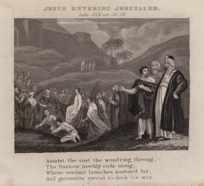 Jesus kommer inn i Jerusalem, Lukas XIX, ver 35, 38 (gravering) av English School