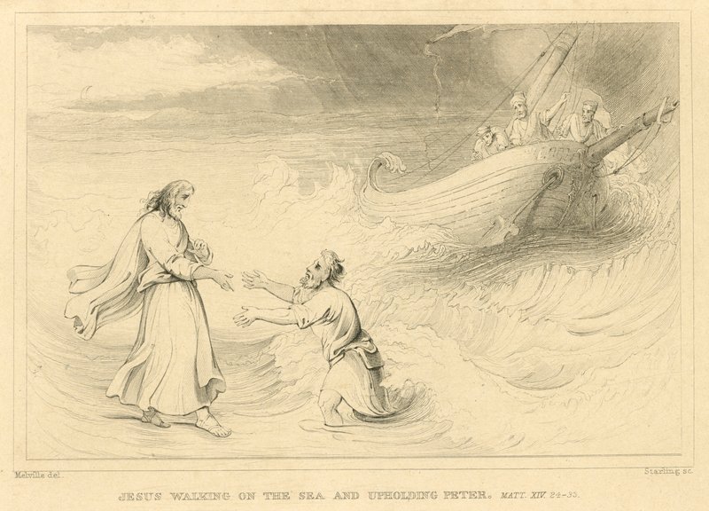 Jesus går på havet og holder oppe Peter, Matteus XIV, 24-33 (gravering) av English School