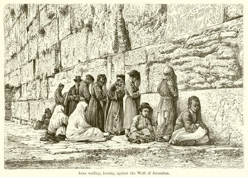 Jøder som klager, lener seg mot muren i Jerusalem av English School