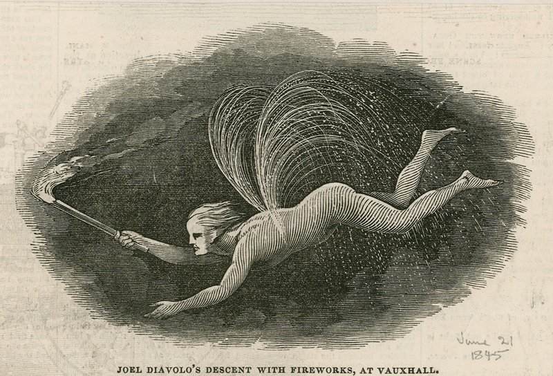 Joel Diabolos nedstigning med fyrverkeri ved Vauxhall Gardens, London av English School