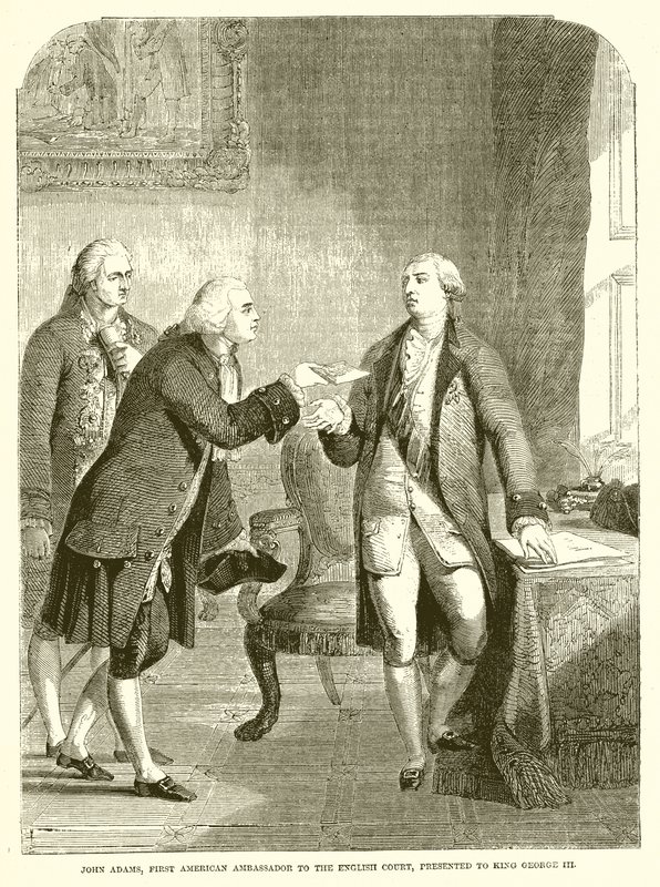 John Adams, første amerikanske ambassadør til det engelske hoffet, presenterte for kong George III av English School