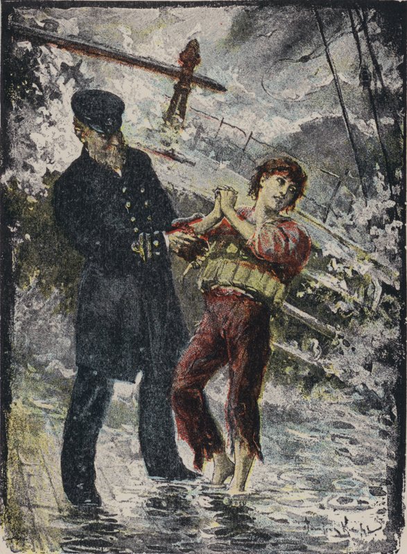 John Alexander Strachan, kaptein på dampskipet Cyprian, ga redningsvesten sin til en ung blindpassasjer før skipet ble vraket i en kuling utenfor den walisiske kysten i 1881 (farge litho) av English School