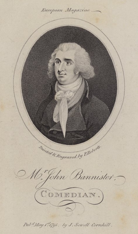John Bannister , engelsk skuespiller, komiker og teatersjef (gravering) av English School