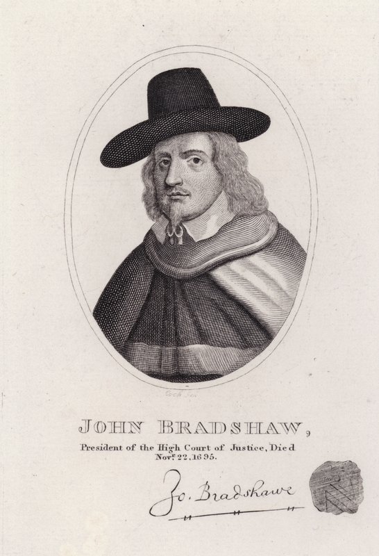 John Bradshaw , engelsk dommer som var president for High Court of Justice for rettssaken mot kong Charles I i 1649 (gravering) av English School