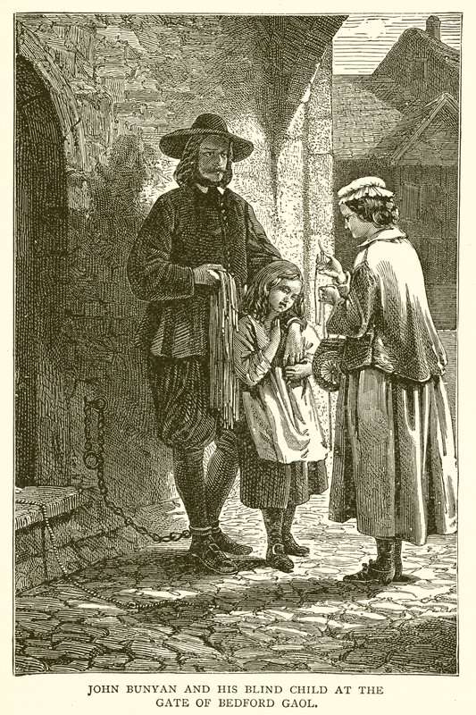 John Bunyan og hans blinde barn ved porten til Bedford Gaol av English School