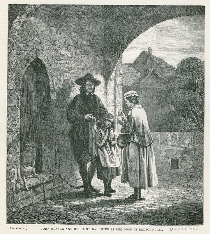 John Bunyan og hans blinde datter ved døren til Bedford fengsel av English School