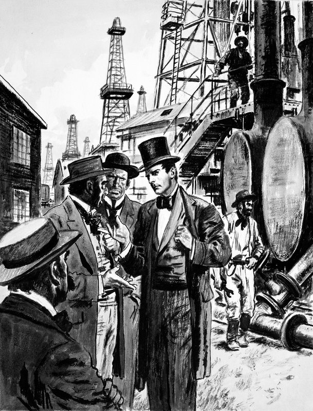 John D Rockefeller og Samuel Andrews, en lysmaker, så fremtiden innen raffinering av petroleum fra brønner av English School