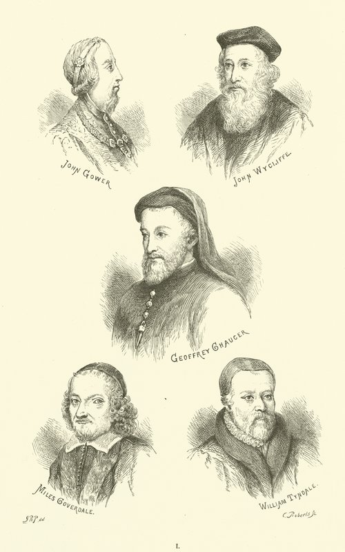 John Gower, John Wycliffe, Geoffrey Chaucer, Miles Coverdale, William Tyndale av English School