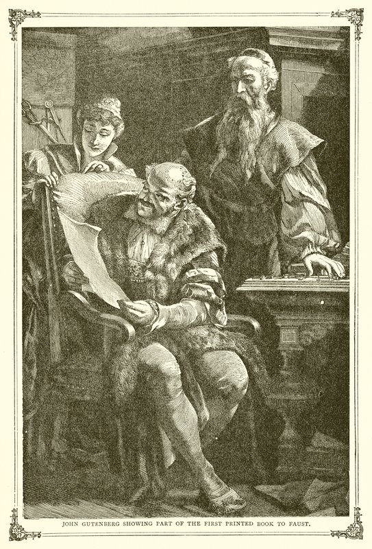 John Gutenberg viser en del av den første trykte boken til Faust av English School