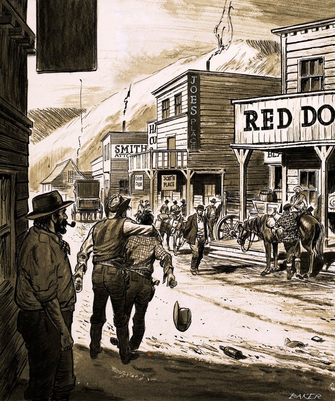 John Sutter oppdaget gull i Sacramento Valley og begynte det store gullrushet i California i 1847 (gouache på papir) av English School