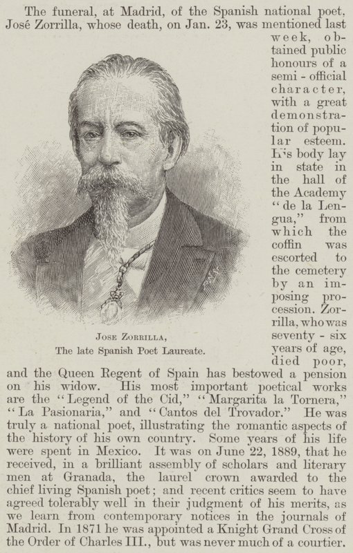 Jose Zorrilla, den avdøde spanske poetprisvinneren (gravering) av English School