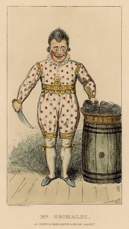 Joseph Grimaldi som klovn i Harlequin and Friar Bacon av English School