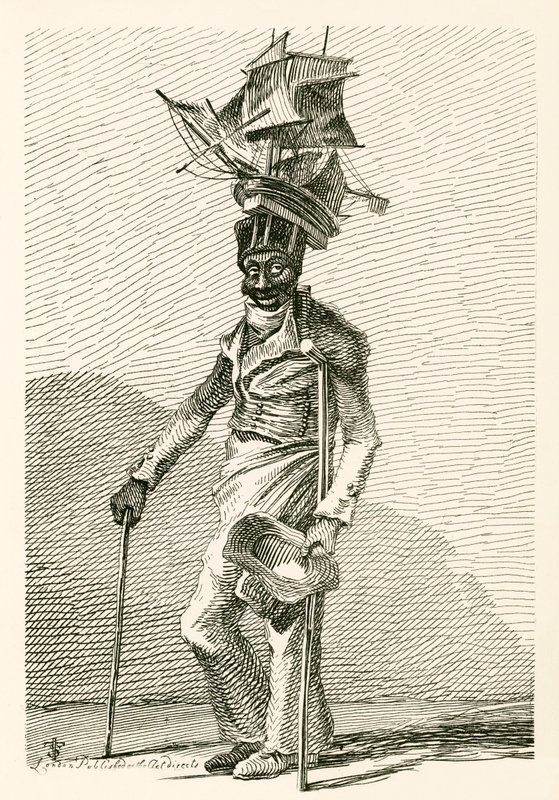 Joseph Johnson, en svart sjømann, med en modell av skipet Nelson på hatten av English School