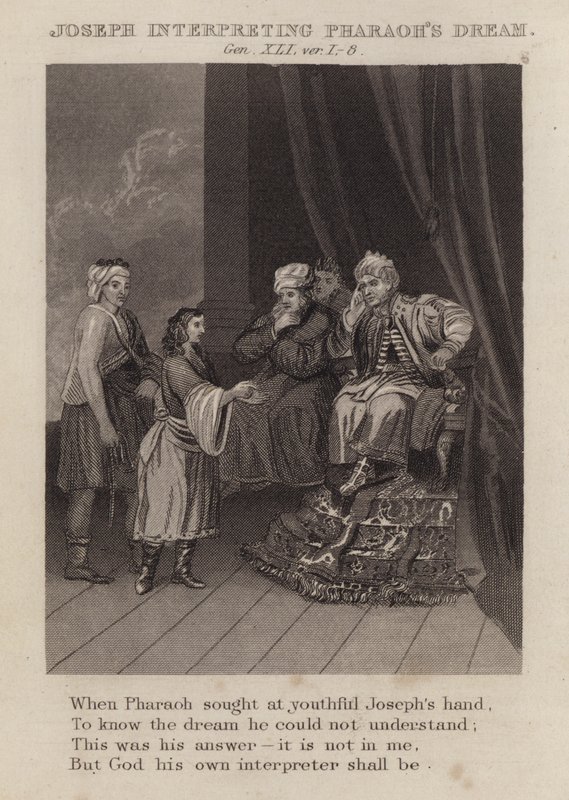 Josef tolker Faraos drøm, Genesis XLI, ver 1-8 (gravering) av English School