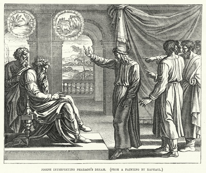 Josef tolker Faraos drøm, fra et maleri av Raphael (gravering) av English School