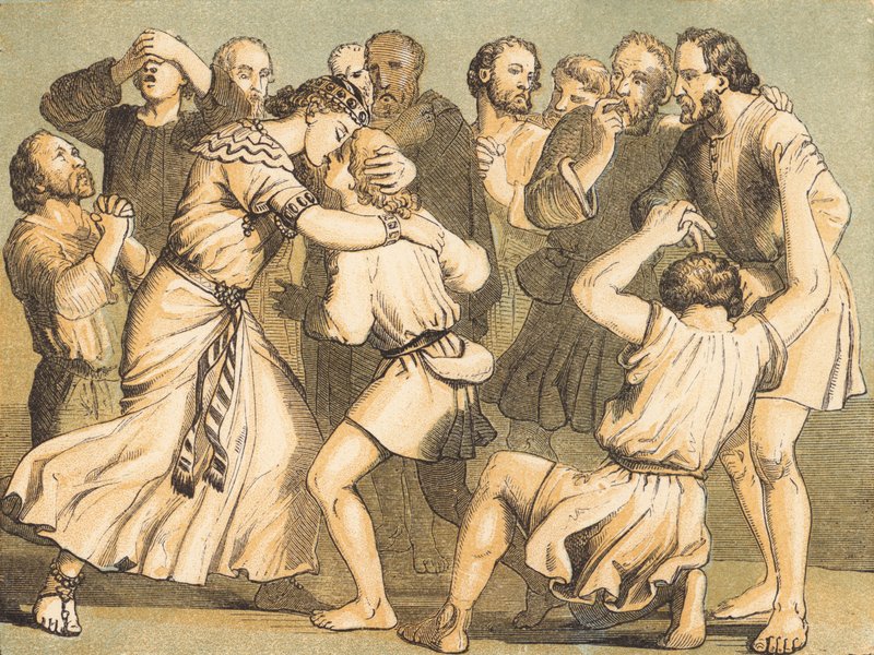 Joseph gjør seg kjent for sine brødre (farget gravering) av English School