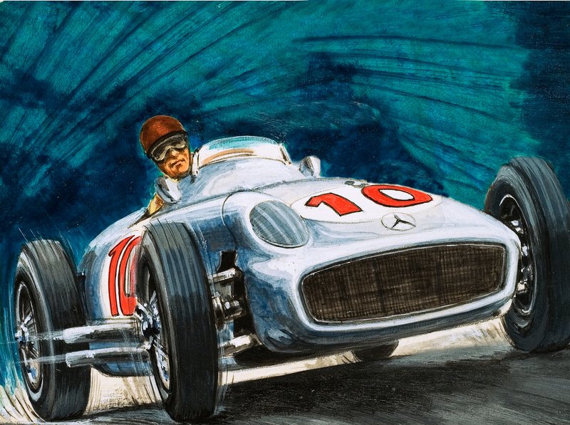 Juan Manuel Fangio kjører en Mercedes-Benz av English School