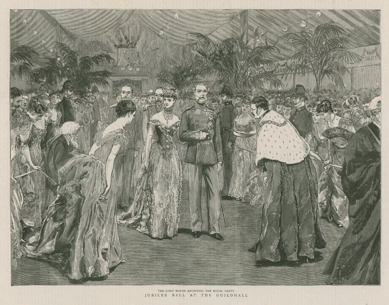 Jubileumsball i Guildhall, London; Lord Mayor mottar Royal Party av English School