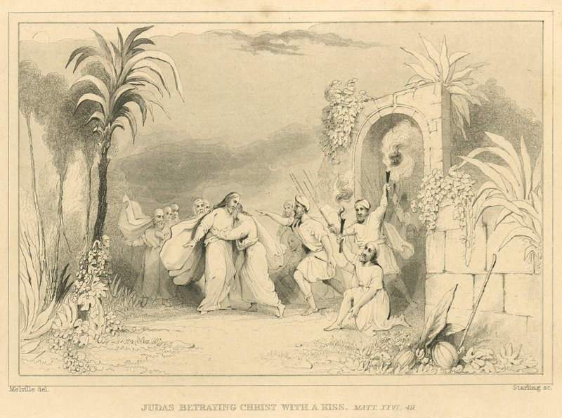 Judas forråder Kristus med et kyss, Matteus XXVI, 49 (gravering) av English School